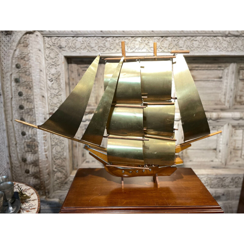 Vintage decorative boat with brass sails, 1960