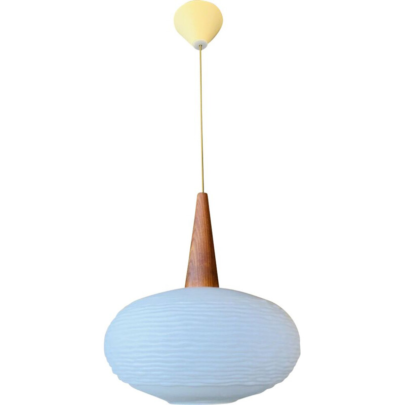 Vintage teak and opaline pendant lamp by Louis Kalff for Philips, 1960