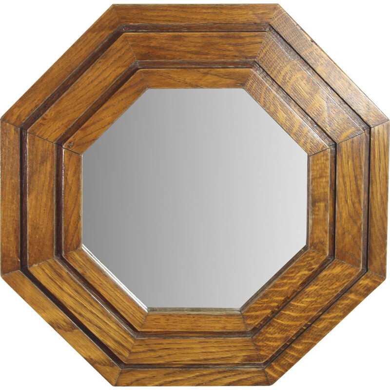 Miroir octogonal vintage en chêne, 1950-1960