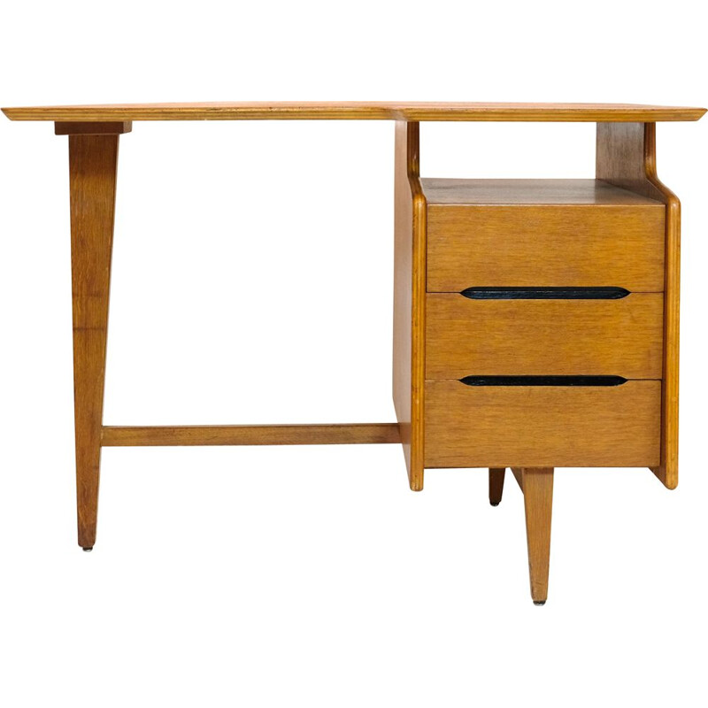 Vintage tripod oak desk by Jacques Hauville, 1950