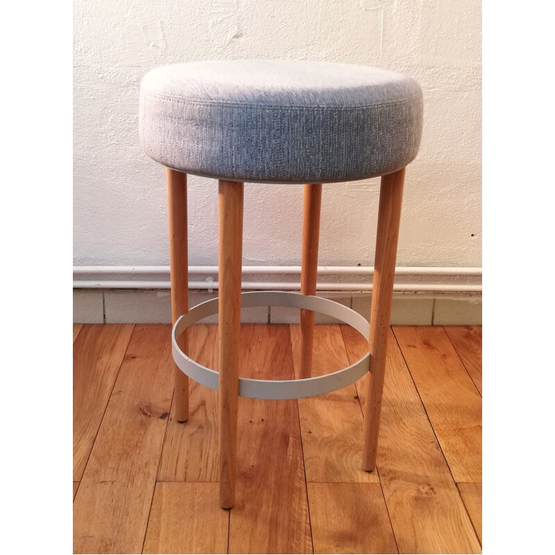 Vintage stool in blue fabric and wood