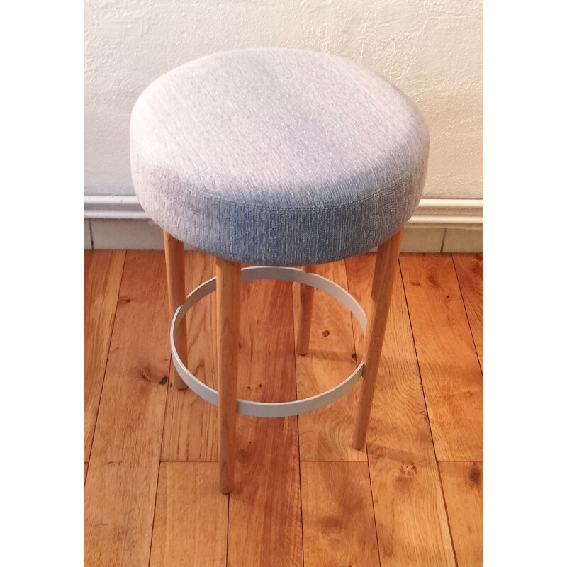 Vintage stool in blue fabric and wood