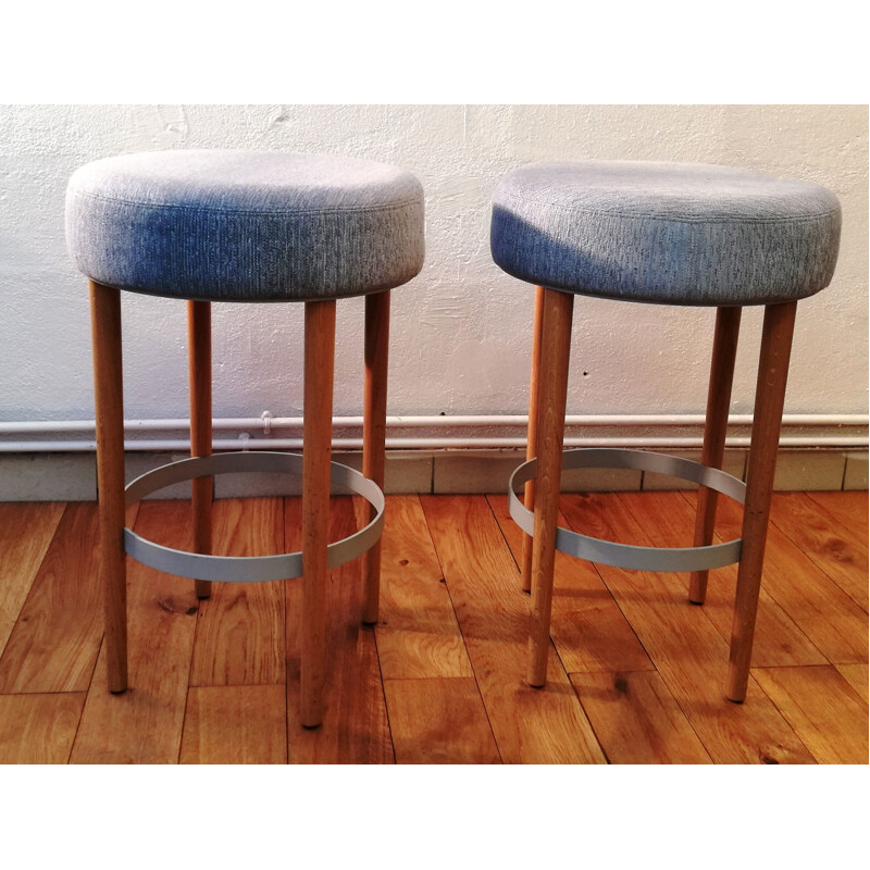 Vintage stool in blue fabric and wood