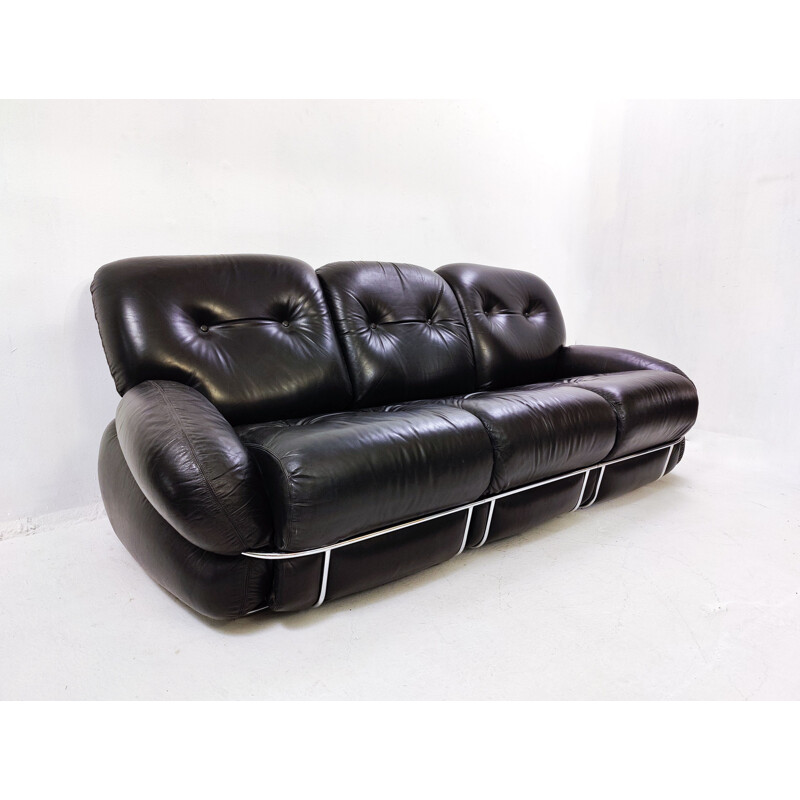 Mid-century black leather sofa, Italy 1960s