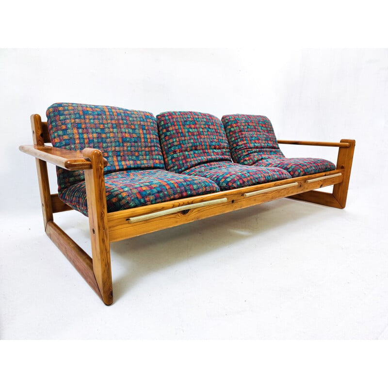 Mid-century Italian sofa in pitchpine and fabric, 1960s