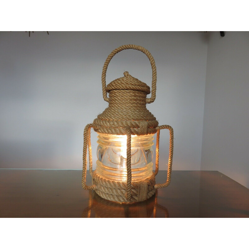 Lampe à poser vintage en corde par Audoux Minet, 1950