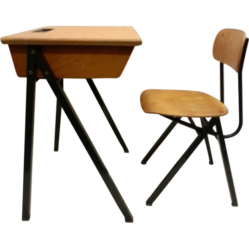 Ensemble de bureau d'école et chaise néerlandaise en bois - 1960