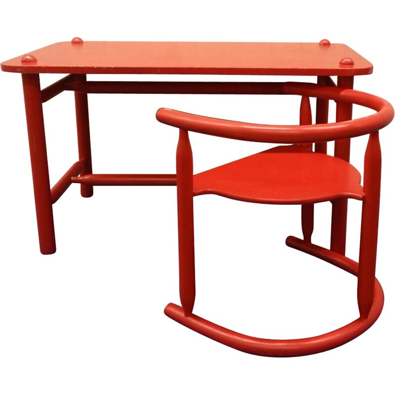 Set of Ikea "Anna" table and chair in red lacquered beed, Karin MOBRING - 1960s