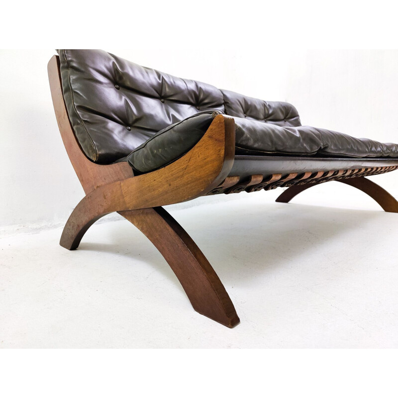 Mid-century Italian black leather and wood sofa, 1960s