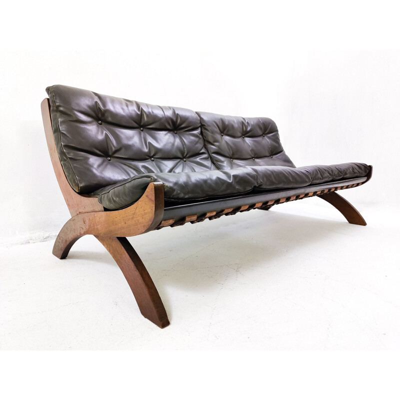 Mid-century Italian black leather and wood sofa, 1960s