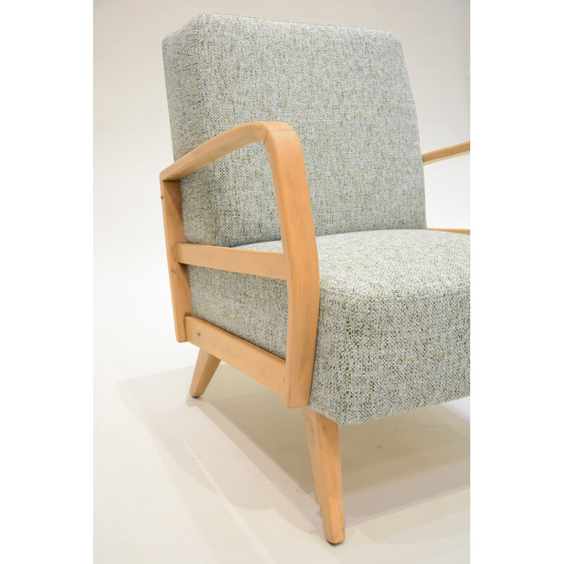 German mid-century armchair in oak and Baltic fabric - 1970s