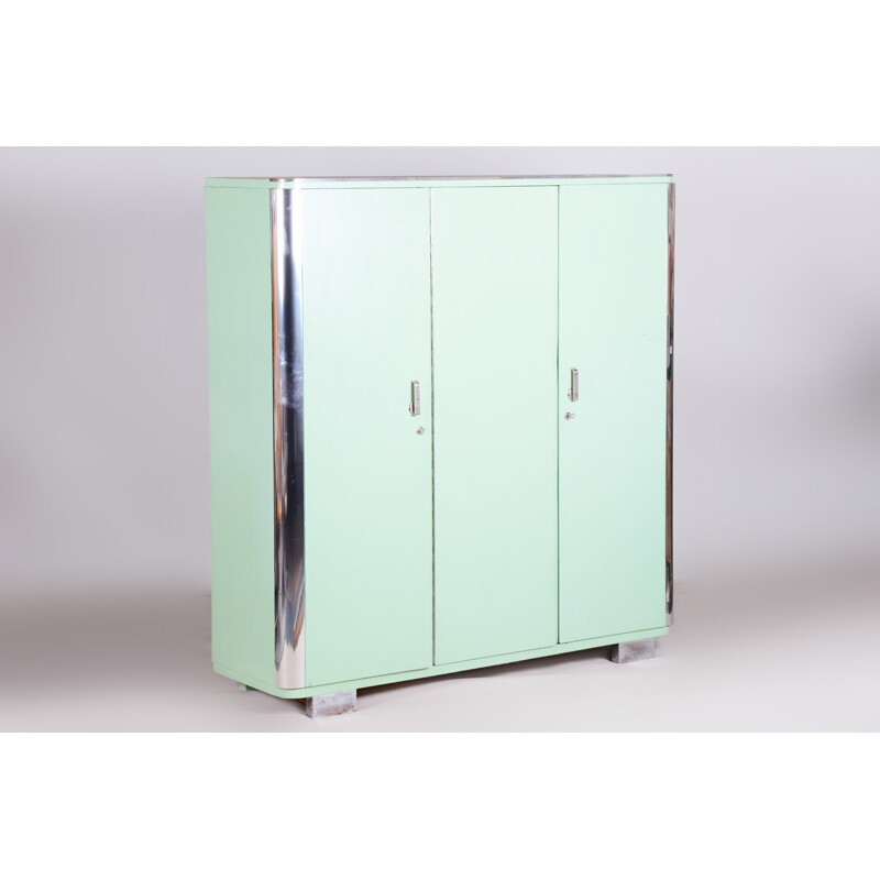 Vintage turquoise Bauhaus three door cabinet by Vichr, Czech 1930