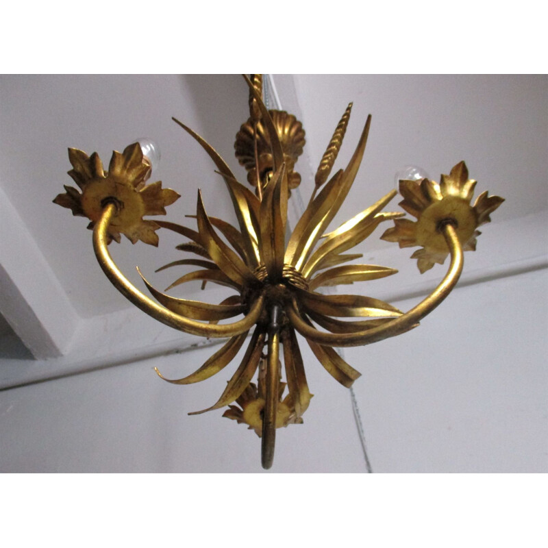 Vintage "Kłosy" gold-colored chandelier, 1960s