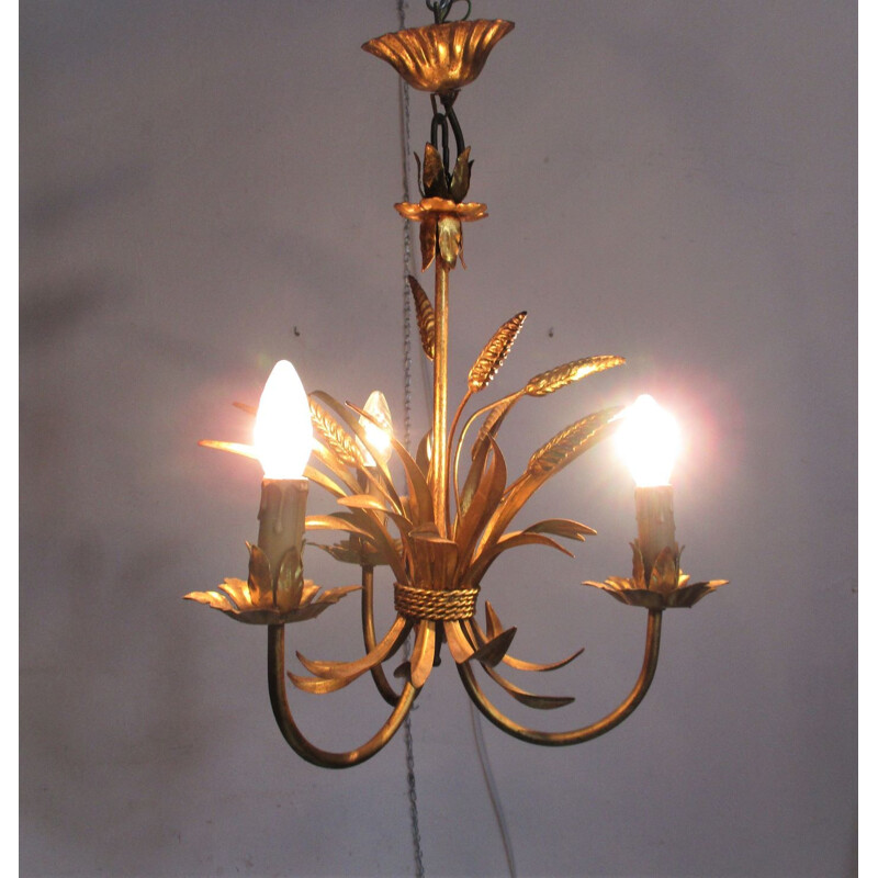 Vintage "Kłosy" gold-colored chandelier, 1960s