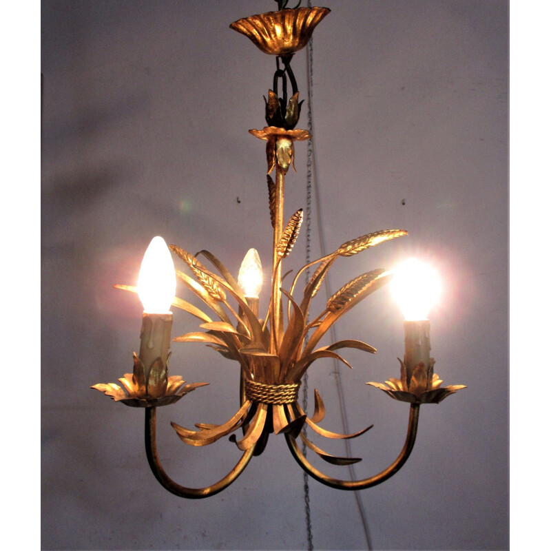 Vintage "Kłosy" gold-colored chandelier, 1960s