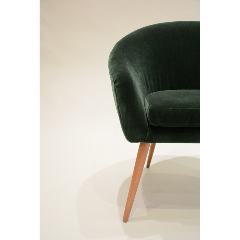 Fauteuil polonais vintage en chêne et velours vert foncé - 1960