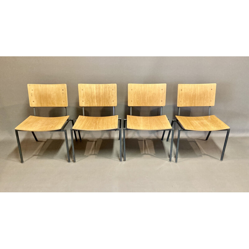 Set of 4 industrial oakwood chairs, 1960