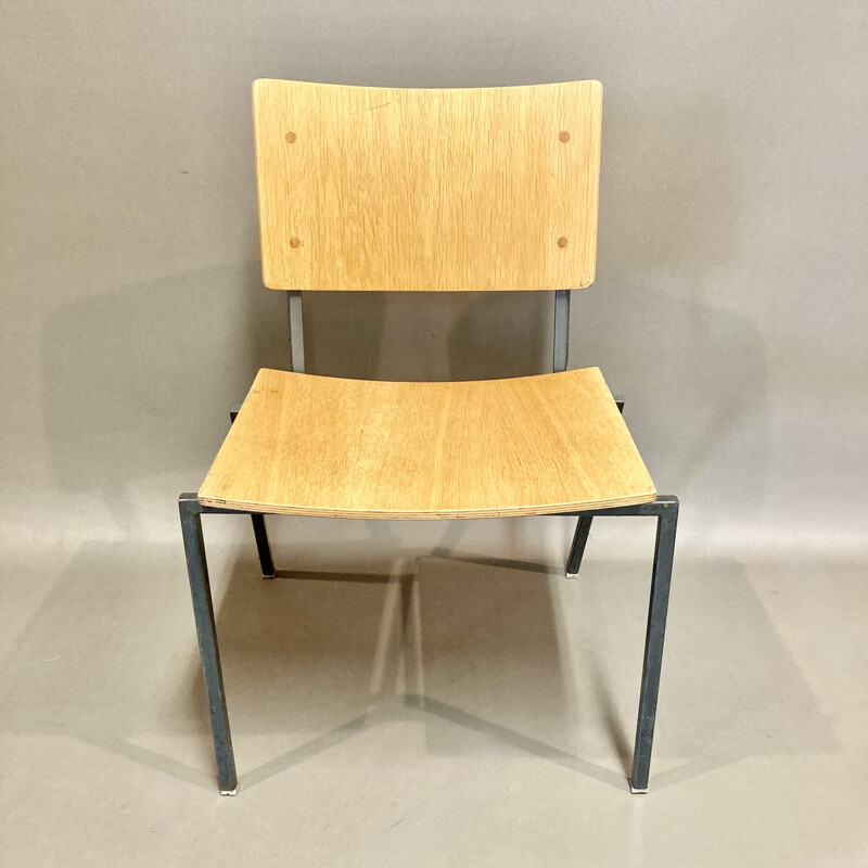 Set of 4 industrial oakwood chairs, 1960