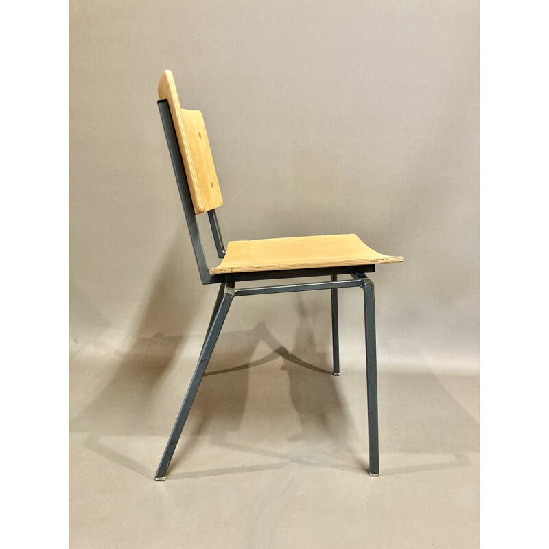 Set of 4 industrial oakwood chairs, 1960
