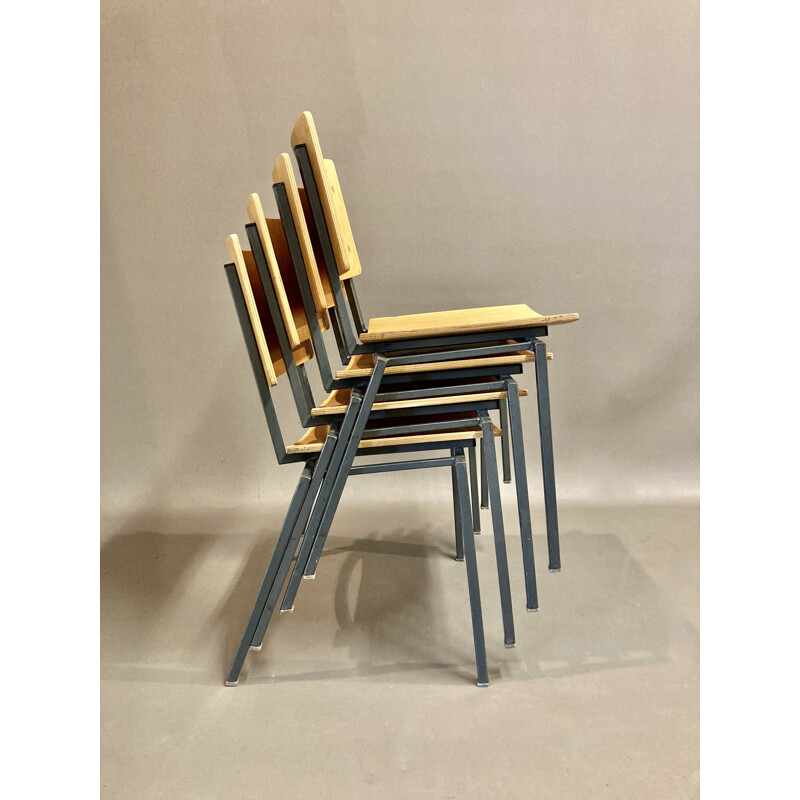 Set of 4 industrial oakwood chairs, 1960