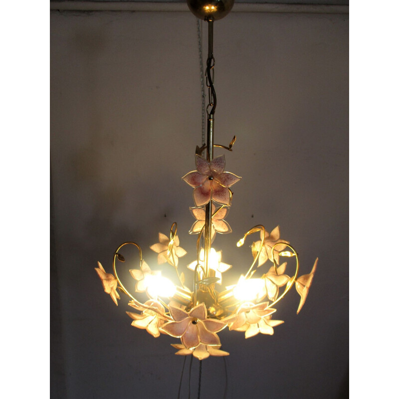 Vintage glass Murano chandelier and pair of wall lamps, 1970s