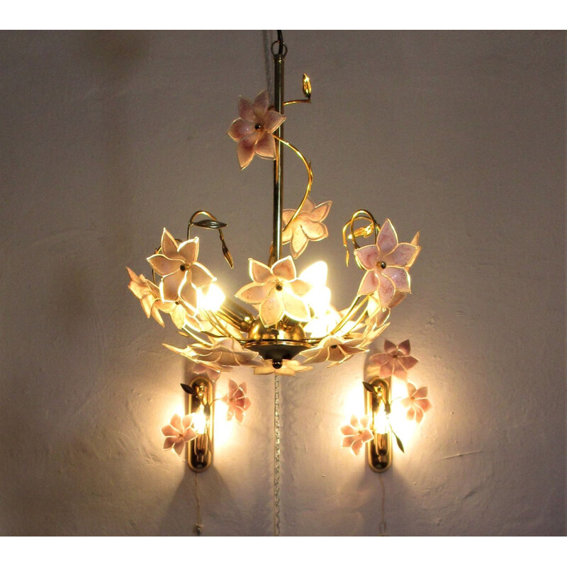 Vintage glass Murano chandelier and pair of wall lamps, 1970s