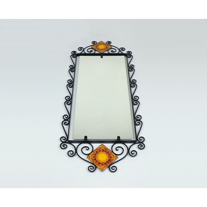 Vintage rectangular wall mirror with black wrought iron frame and ceramic, 1960s