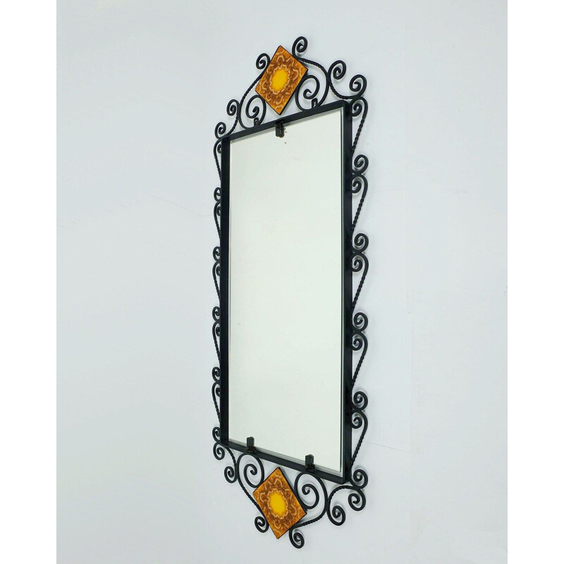 Vintage rectangular wall mirror with black wrought iron frame and ceramic, 1960s