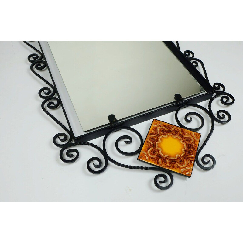 Vintage rectangular wall mirror with black wrought iron frame and ceramic, 1960s