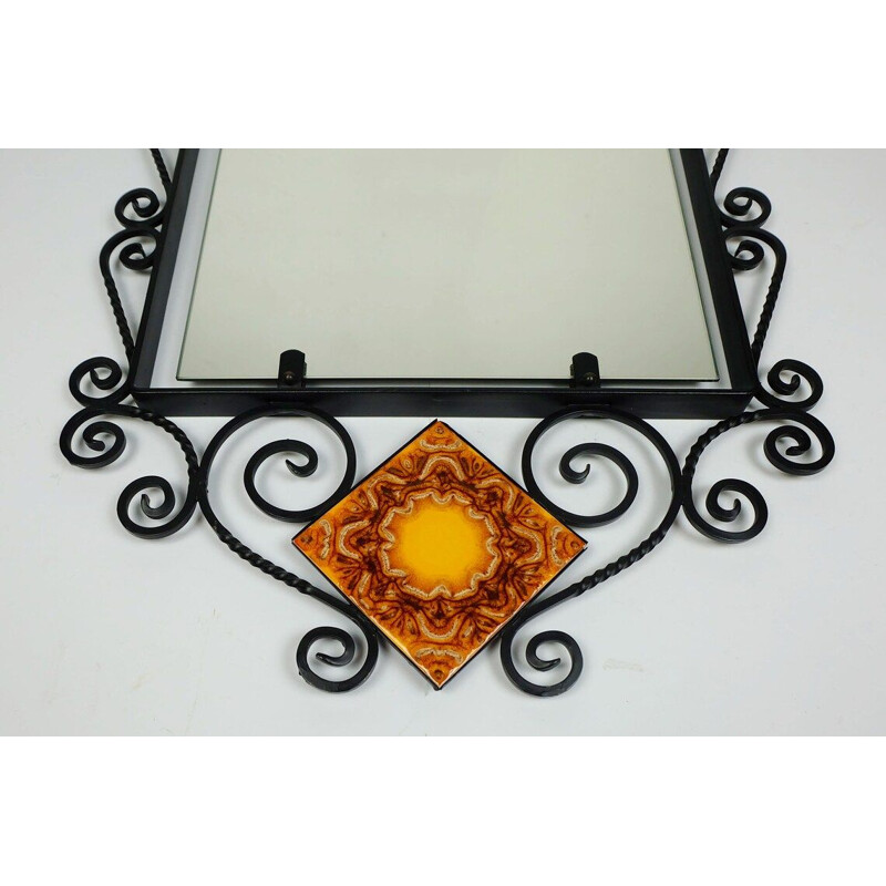 Vintage rectangular wall mirror with black wrought iron frame and ceramic, 1960s