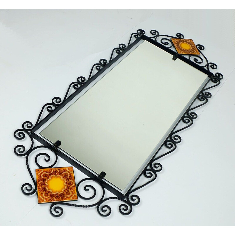 Vintage rectangular wall mirror with black wrought iron frame and ceramic, 1960s