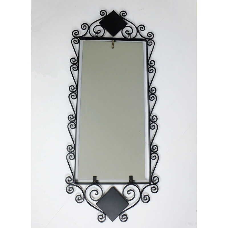 Vintage rectangular wall mirror with black wrought iron frame and ceramic, 1960s
