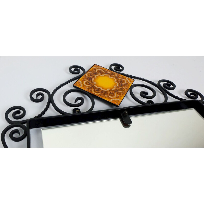 Vintage rectangular wall mirror with black wrought iron frame and ceramic, 1960s