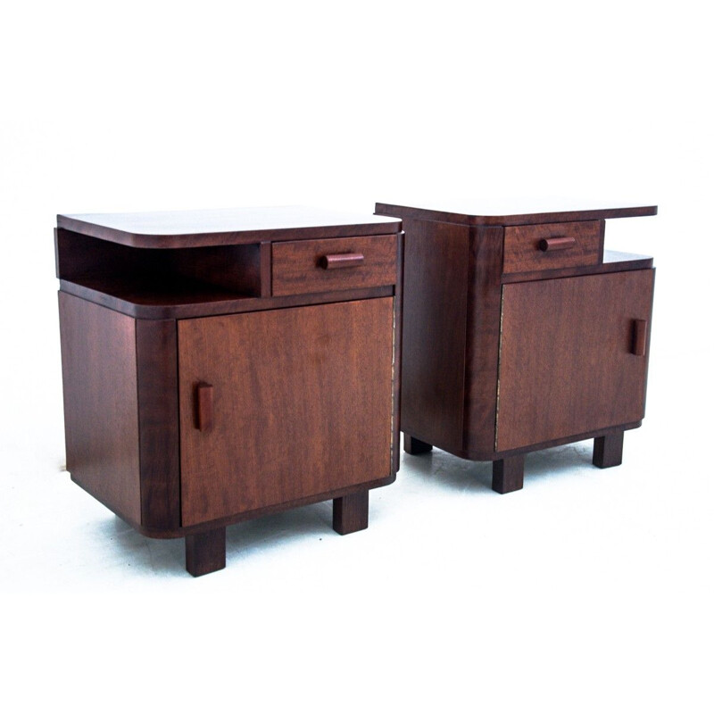 Pair of vintage Art Deco walnut night stands, Poland 1950s