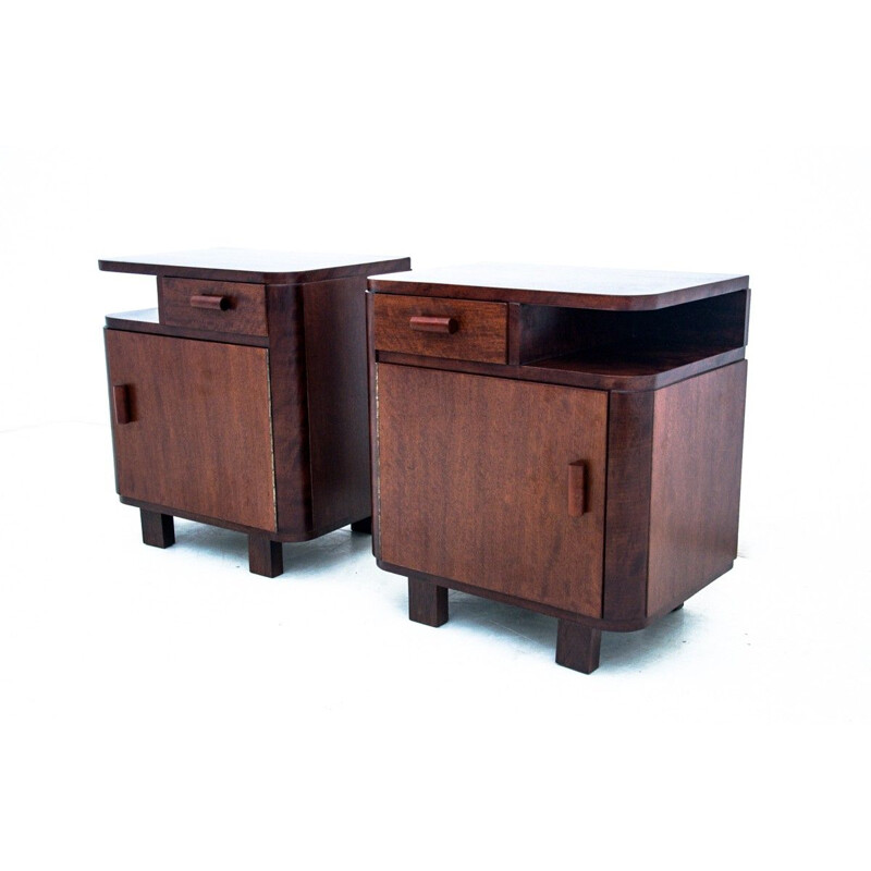 Pair of vintage Art Deco walnut night stands, Poland 1950s