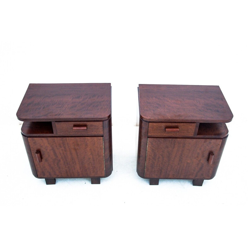 Pair of vintage Art Deco walnut night stands, Poland 1950s