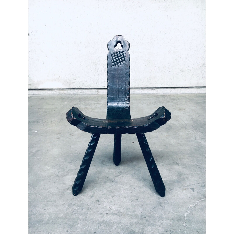 Vintage Brutalist Craft tripod stool, Spain 1960s