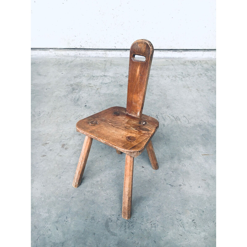 Vintage hand made oakwood milk stool, Belgium 1940s