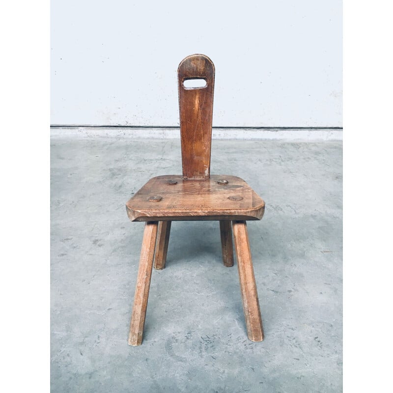 Vintage hand made oakwood milk stool, Belgium 1940s