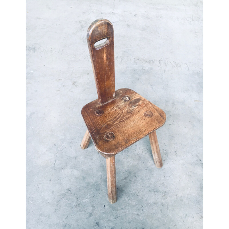 Vintage hand made oakwood milk stool, Belgium 1940s