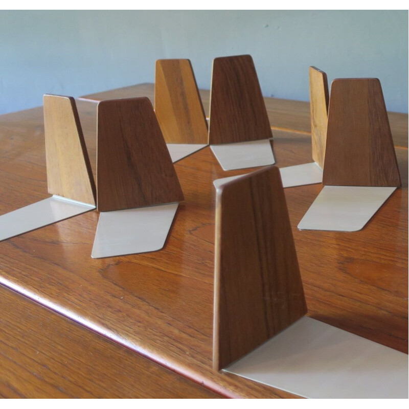 Set of 6 pair of vintage teak and metal bookends, Denmark 1960