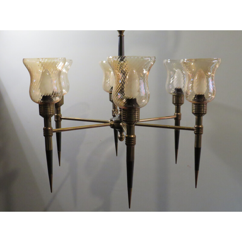 Vintage chandelier with 6 branches in copper and enamelled metal, Italy