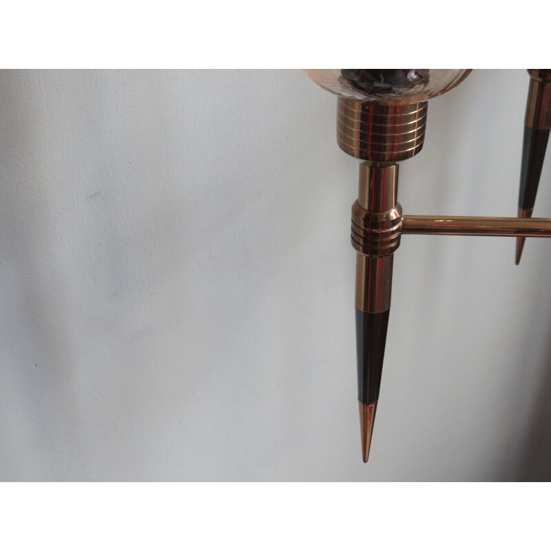 Araña vintage de cobre y metal esmaltado de 6 brazos, Italia
