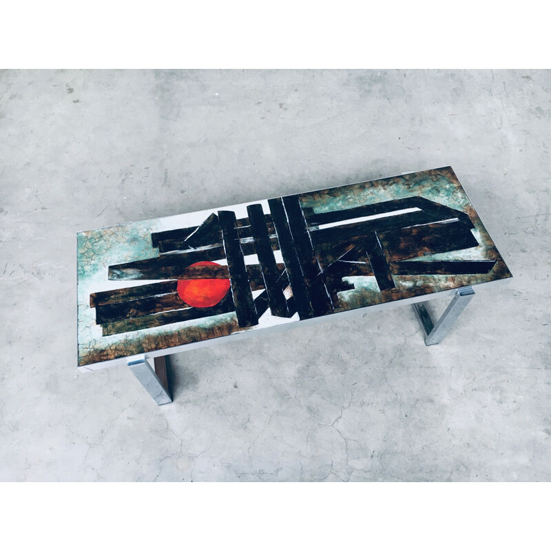 Vintage salontafel in keramiek en verchroomd metaal van Belarti Denisco, België 1970