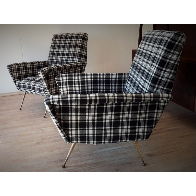 Pair of reupholstered Italian armchairs in white and black fabric - 1950s