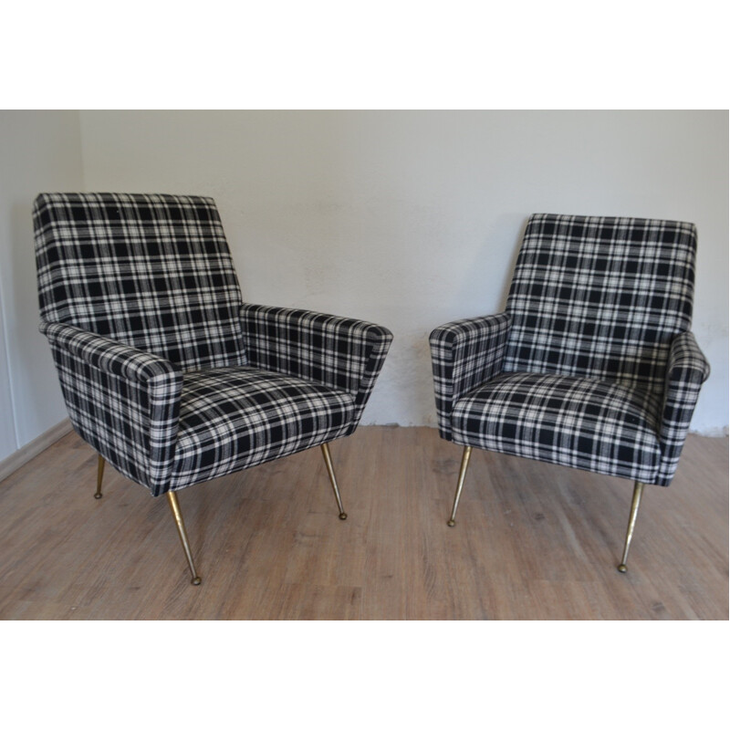 Pair of reupholstered Italian armchairs in white and black fabric - 1950s
