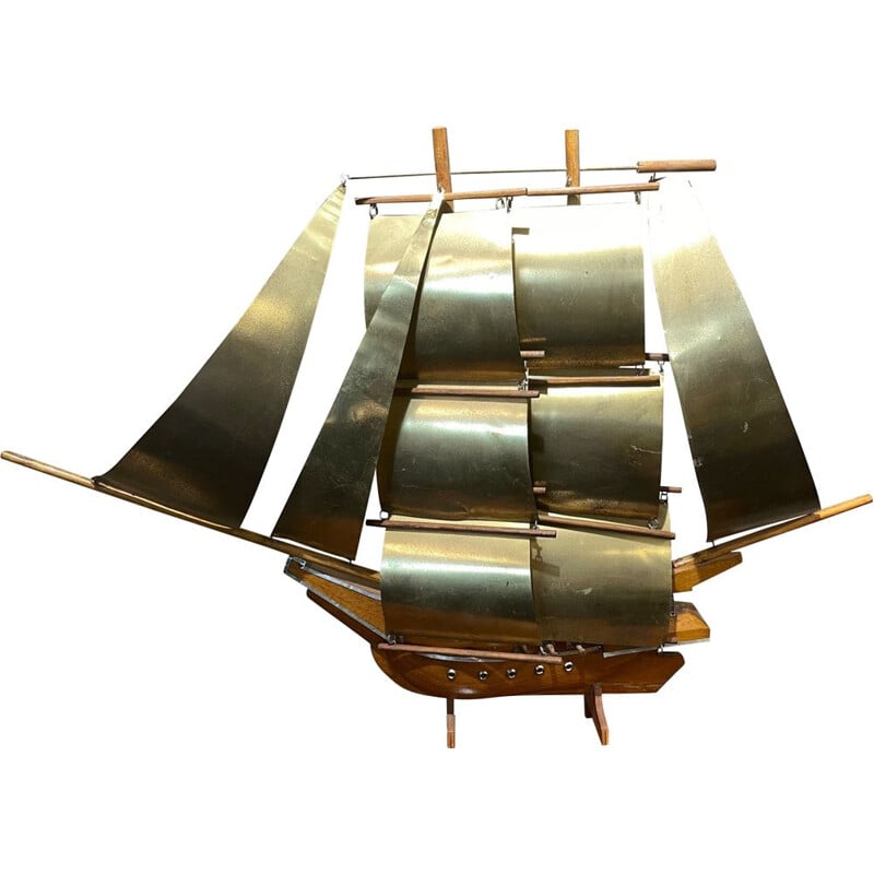 Vintage decorative boat with brass sails, 1960