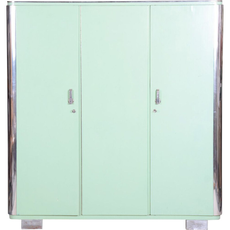 Vintage turquoise Bauhaus three door cabinet by Vichr, Czech 1930