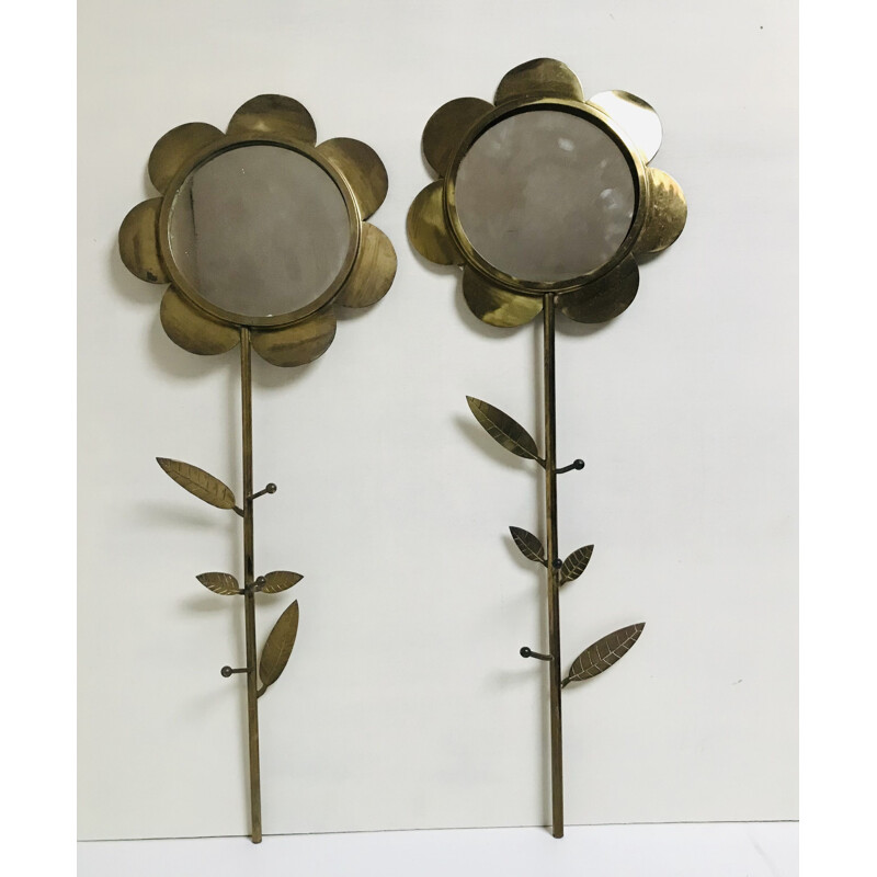 Pair of vintage brass wall mirrors in the shape of a flower, 1960