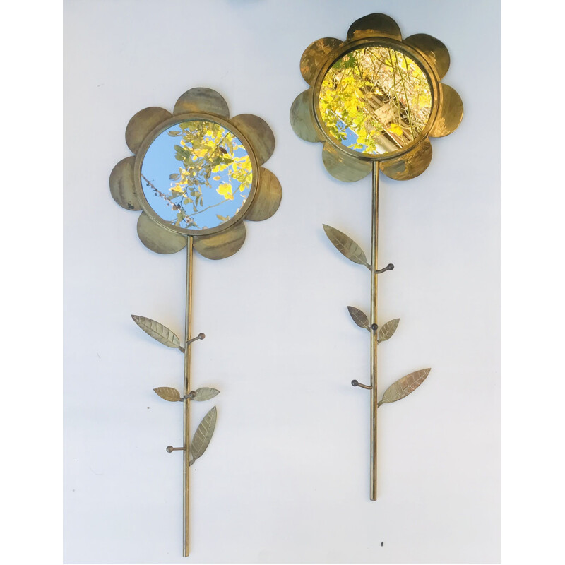 Pair of vintage brass wall mirrors in the shape of a flower, 1960